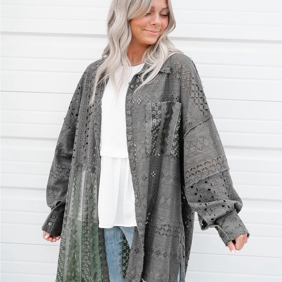 Duffel Green Eyelet Pattern Patchwork Oversized Button Up Shacket Bohemian style - Picture 11 of 15